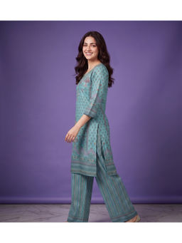 SPAN - Turquoise Cotton Floral Kurta with Palazzo