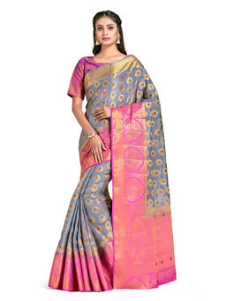 Mimosa - Grey Kanjivaram Style Art Silk Saree With Unstitched Blouse