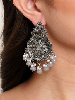 Karatcart - Oxidised Silver Grey Monalisa Stone Studded Floral Dangler Earrings for Women