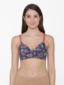 Clovia - Padded Non-wired Floral Print Full Cup T-shirt Bra In Blue