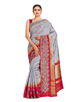 Mimosa - Grey Kanjivaram Style Art Silk Saree With Unstitched Blouse