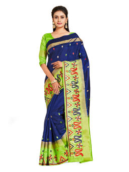 Mimosa - Navy Blue Kanjivaram Style Art Silk Saree With Unstitched Blouse