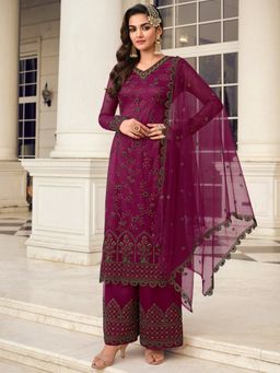 Stylee LIFESTYLE - Wine Net Embroidered Dress Material (Set of 3)