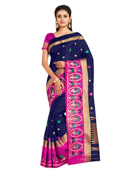 Mimosa - Navy Blue Kanjivaram Style Art Silk Saree With Unstitched Blouse