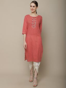 Vastramyaa - Women Red & White Checked Yoke Embroidery Kurta