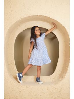 PUDDLE FASHION - Girls Blue Cotton Square Neck Dress