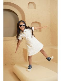 PUDDLE FASHION - Girls White Cotton Collar Neck Dress