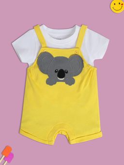 MINI KLUB - Self Design Baby Boys White-Yellow Dungaree (Set of 2)