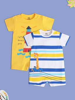 MINI KLUB - Printed New Born And Baby Boys White-Yellow Rompers (Set of 2)