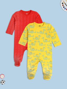 MINI KLUB - Printed New Born And Baby Boys Red-Yellow Sleep Suit (Set of 2)