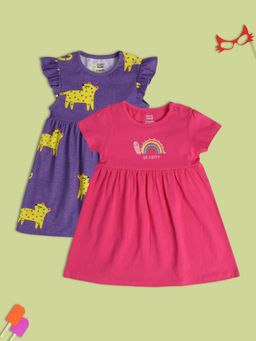 MINI KLUB - Printed New Born And Baby Girls Pink-Purple Dress (Set of 2)