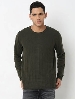 Spykar - Men Round Neck Full Sleeves Green Sweater