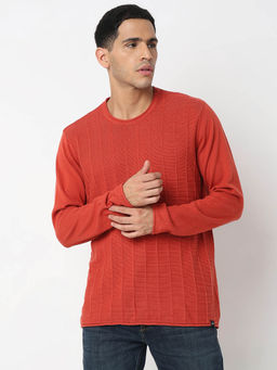 Spykar - Men Round Neck Full Sleeves Orange Sweater