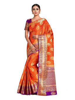 Mimosa - Rust Kanjivaram Style Art Silk Saree With Unstitched Blouse