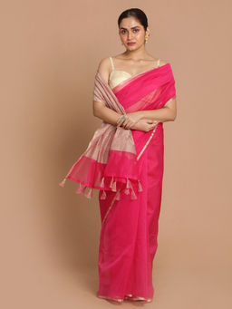 Indethnic - Banarasi Magenta Solid Daily Wear Saree With Unstitched Blouse