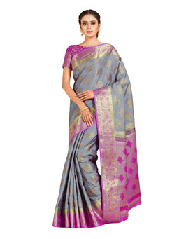 Mimosa - Grey Kanjivaram Style Art Silk Saree With Unstitched Blouse