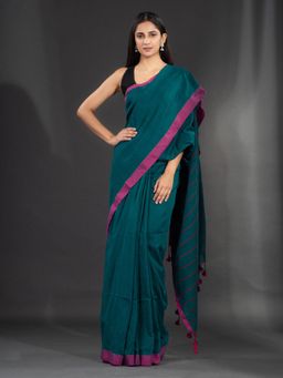 CHARUKRITI - Teal Green Pure Cotton Hand Woven Soft Saree with Strip in Pallu with Unstitched Blouse