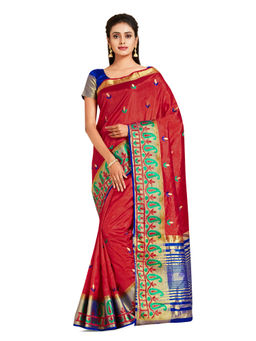 Mimosa - Red Kanjivaram Style Art Silk Saree With Unstitched Blouse