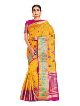 Mimosa - Mustard Kanjivaram Style Art Silk Saree With Unstitched Blouse