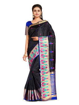 Mimosa - Black Kanjivaram Style Art Silk Saree With Unstitched Blouse