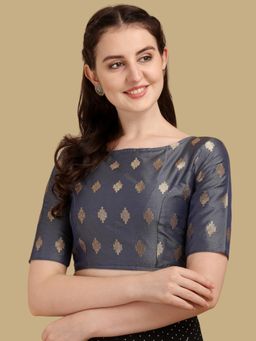 Gahan - Woven Zari Half Sleeves Stitched Blouse - Grey