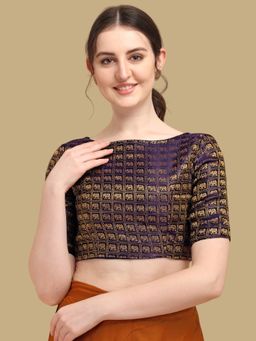 Gahan - Woven Zari Half Sleeves Stitched Blouse - Navy Blue