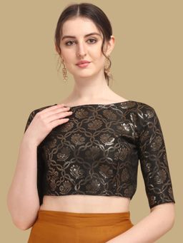 Gahan - Floral Woven Half Sleeves Stitched Blouse - Black