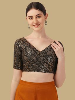 Gahan - Floral Woven Half Sleeves Stitched Blouse - Brown