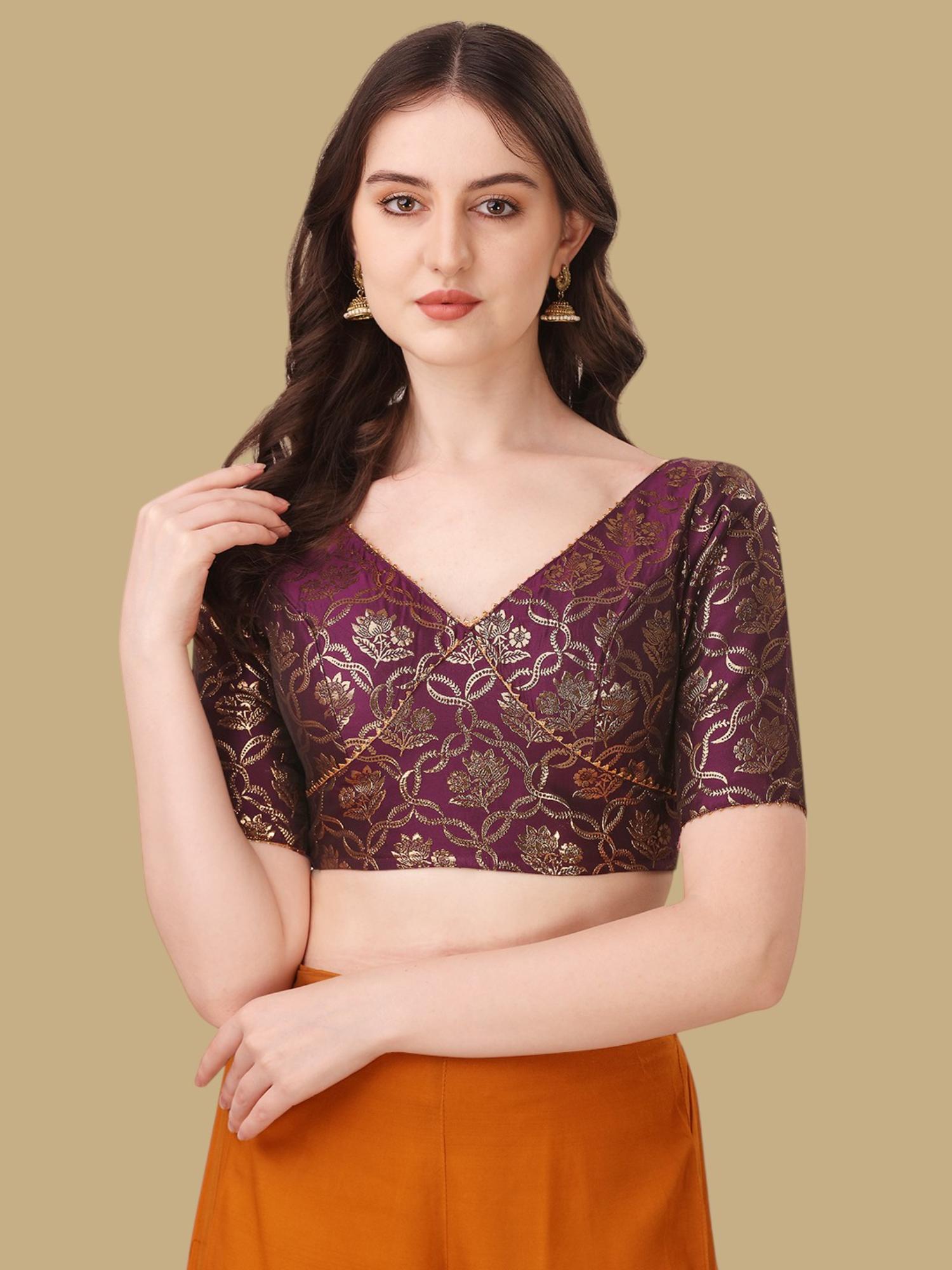 gahan Floral Woven Half Sleeves Stitched Blouse - Wine-picture-12