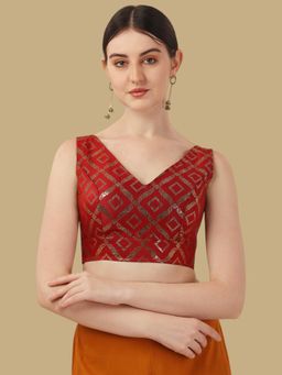 Gahan - Floral Woven Sleeveless Stitched Blouse - Red