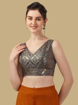 Gahan - Floral Woven Sleeveless Stitched Blouse - Grey