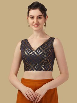 Gahan - Floral Woven Sleeveless Stitched Blouse - Navy Blue