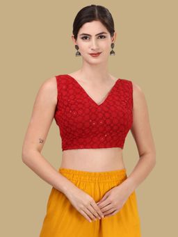 Gahan - Embroidered Sleeveless Stitched Blouse - Red