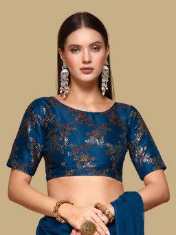 Gahan - Floral Woven Half Sleeves Stitched Blouse - Navy Blue