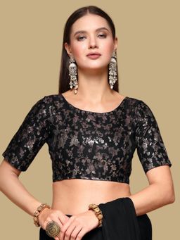 Gahan - Floral Woven Half Sleeves Stitched Blouse - Black