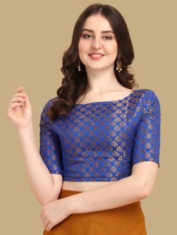 Gahan - Woven Zari Half Sleeves Stitched Blouse - Navy Blue