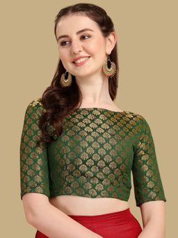 Gahan - Woven Zari Half Sleeves Stitched Blouse - Green