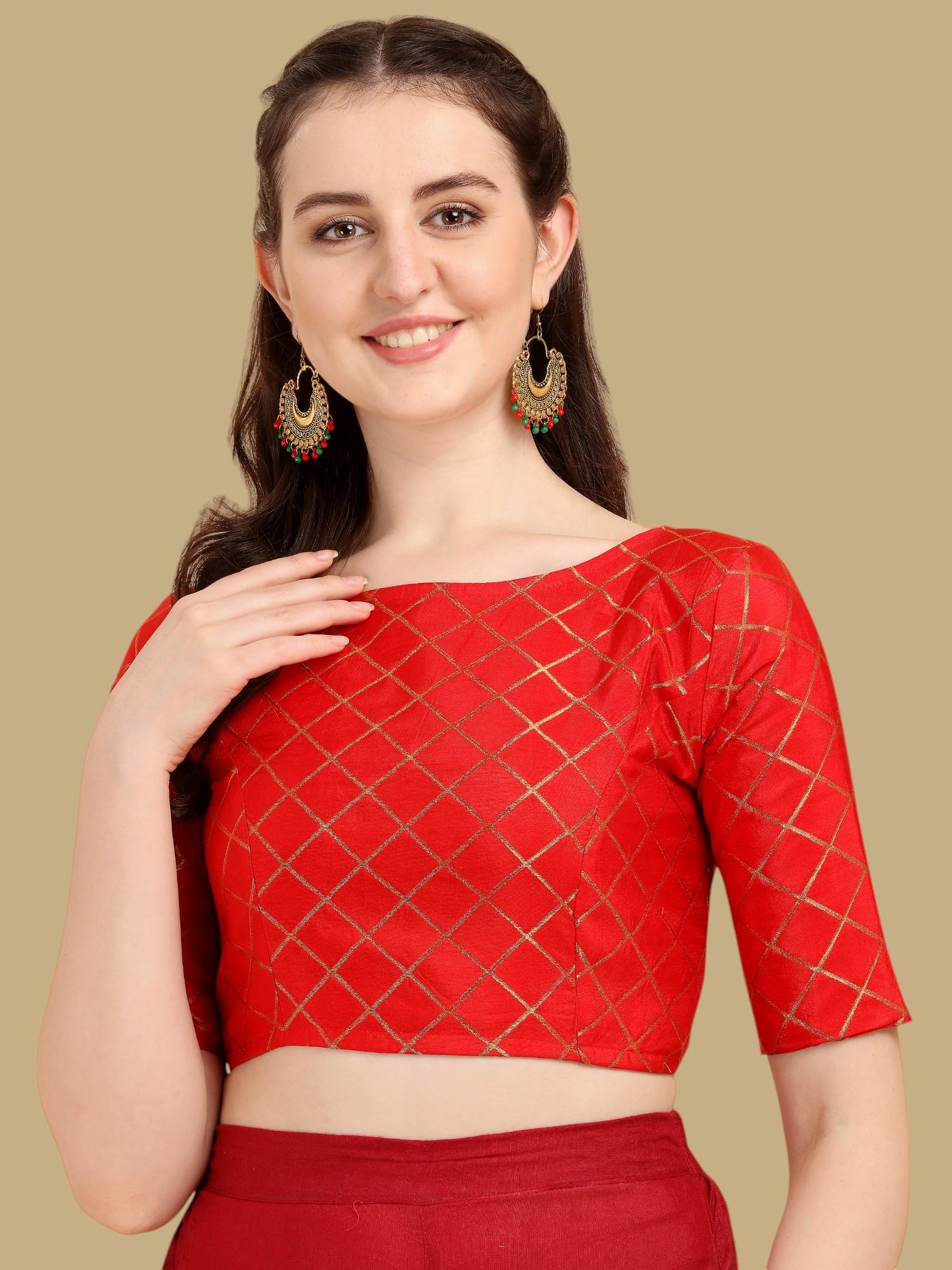 gahan Checks Woven Half Sleeves Stitched Blouse - Red-picture-32