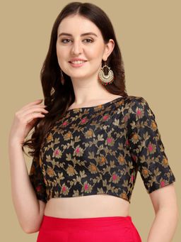 Gahan - Floral Woven Half Sleeves Stitched Blouse - Black