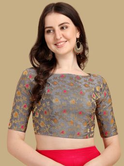 Gahan - Floral Woven Half Sleeves Stitched Blouse - Grey