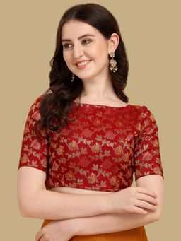 Gahan - Floral Woven Half Sleeves Stitched Blouse - Maroon