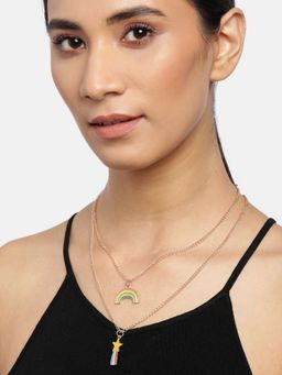 Blueberry - Gold Plated Chain Layered Rainbow Pendant Detailing Necklace