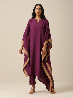 trueBrowns - Plum Purple Slub Texture High Low Kaftan Pant (Set of 2)