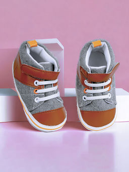 Baby Moo - Leather Lace-Up Design Velcro Strap Anti-Skid Sneakers - Grey