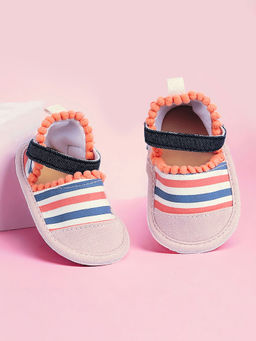 Baby Moo - Striped Handmade Pom Pom Trim Velcro Straps Anti-Skid Sandals - Peach