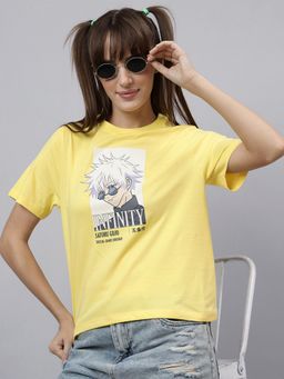 Free Authority - Women Yellow Jujutsu Kaisen Character Gojo Printed Regular Fit T-Shirt