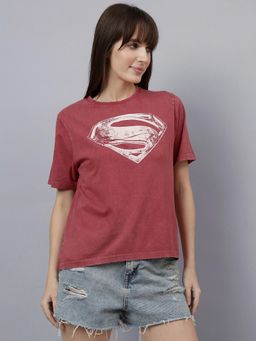 Free Authority - Women Red Superman Printed Regular Fit T-Shirt