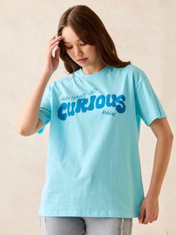 Outzidr - Blue Crew Neck Typography T-Shirt