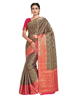 Mimosa - Navy Blue Kanjivaram Style Art Silk Saree With Unstitched Blouse