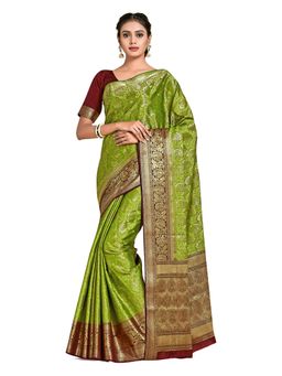 Mimosa - Green Kanjivaram Style Art Silk Saree With Unstitched Blouse